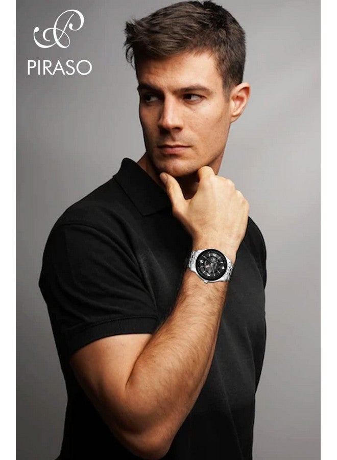 PIRASO Stainless Steel Analog Day And Date Working Display Black Dial & Silver Chain Watch For Men & Boys - Image 4