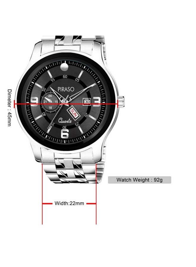 PIRASO Stainless Steel Analog Day And Date Working Display Black Dial & Silver Chain Watch For Men & Boys - Image 5