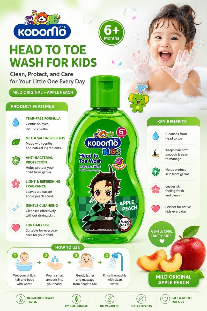 Kodomo Kids Head To Toe Wash Apple Peach 200ml - Image 2