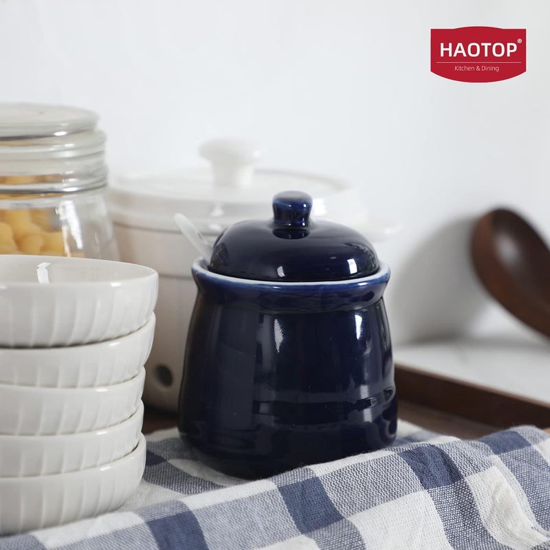 HAOTOP HAOTOP Porcelain Salt Bowl with Lid and SpoonCeramic Sugar Bowl 12oz Navy  - Image 2