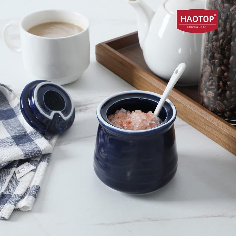 HAOTOP HAOTOP Porcelain Salt Bowl with Lid and SpoonCeramic Sugar Bowl 12oz Navy  - Image 4