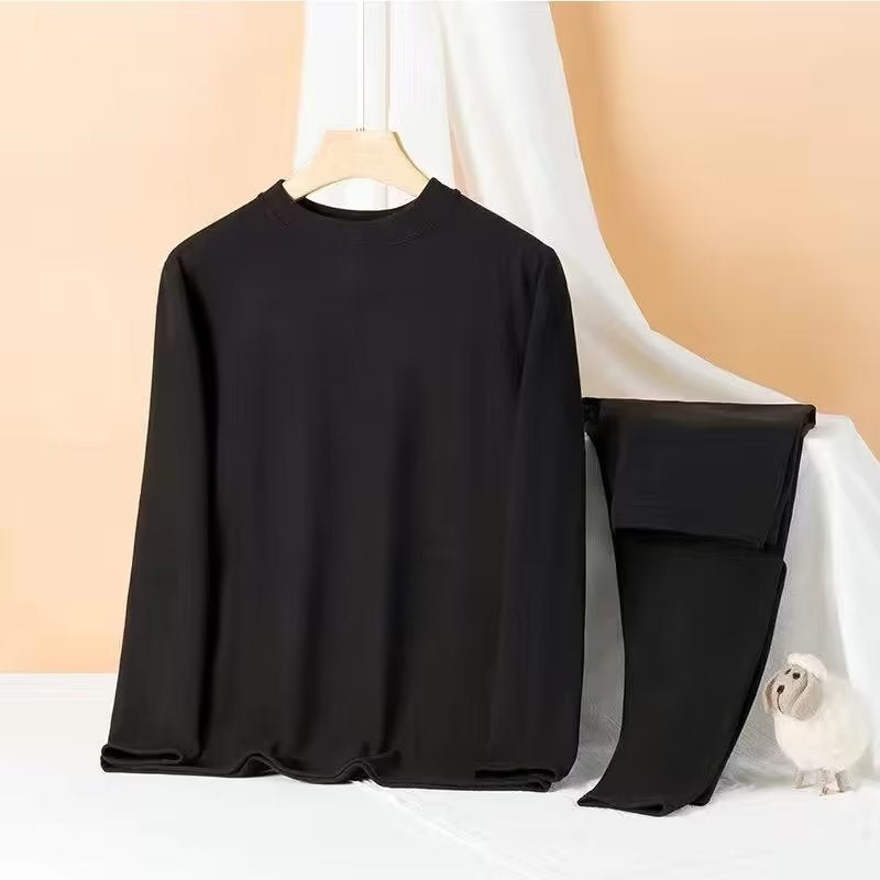 Middle-aged and elderly peoples half-high collar two-piece plus size autumn clothes long pants mens velvet slim-fit fleece-lined thermal underwear suit Black [derong half turtle collar suit] [counter quality] 