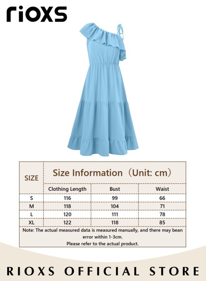 RIOXS Women's One Shoulder Solid Color Casual Maxi Dress Ruffle Flowy Dresses High Waist Loose Dress Ruffle Long Dresses  - Image 3