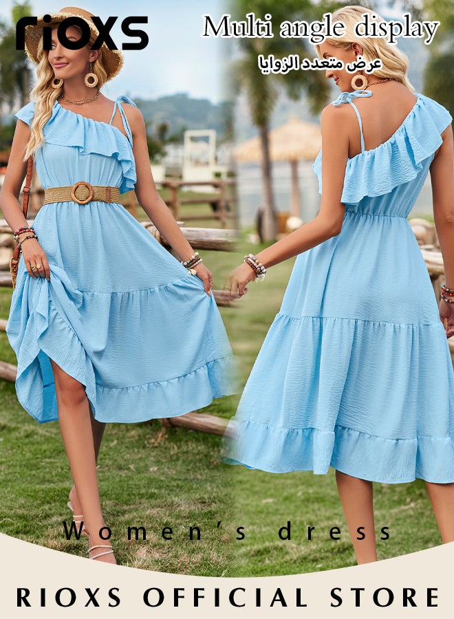 RIOXS Women's One Shoulder Solid Color Casual Maxi Dress Ruffle Flowy Dresses High Waist Loose Dress Ruffle Long Dresses  - Image 1
