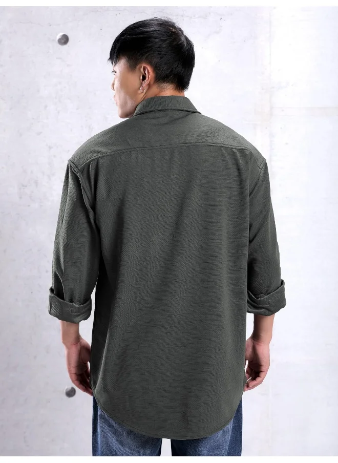 Beyoung Dark Grey Textured Urban Shirt for Men