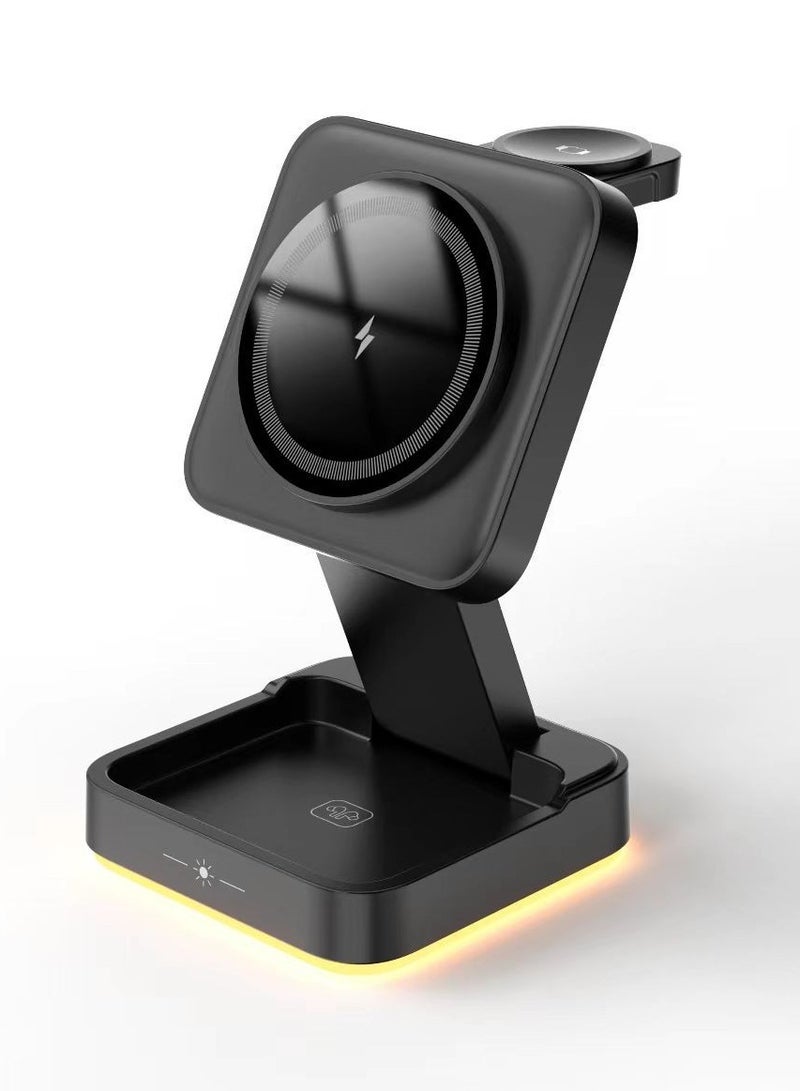 عام 2024 شاحن لاسلكي مطور 3 في 1، محطة شحن لاسلكية قابلة للطي مع إضاءة لشاحن Apple MagSafe، شاحن مغناطيسي للسفر متوافق مع سلسلة Apple Watch AirPods من iPhone 16/15/14/13/12 - Image 1