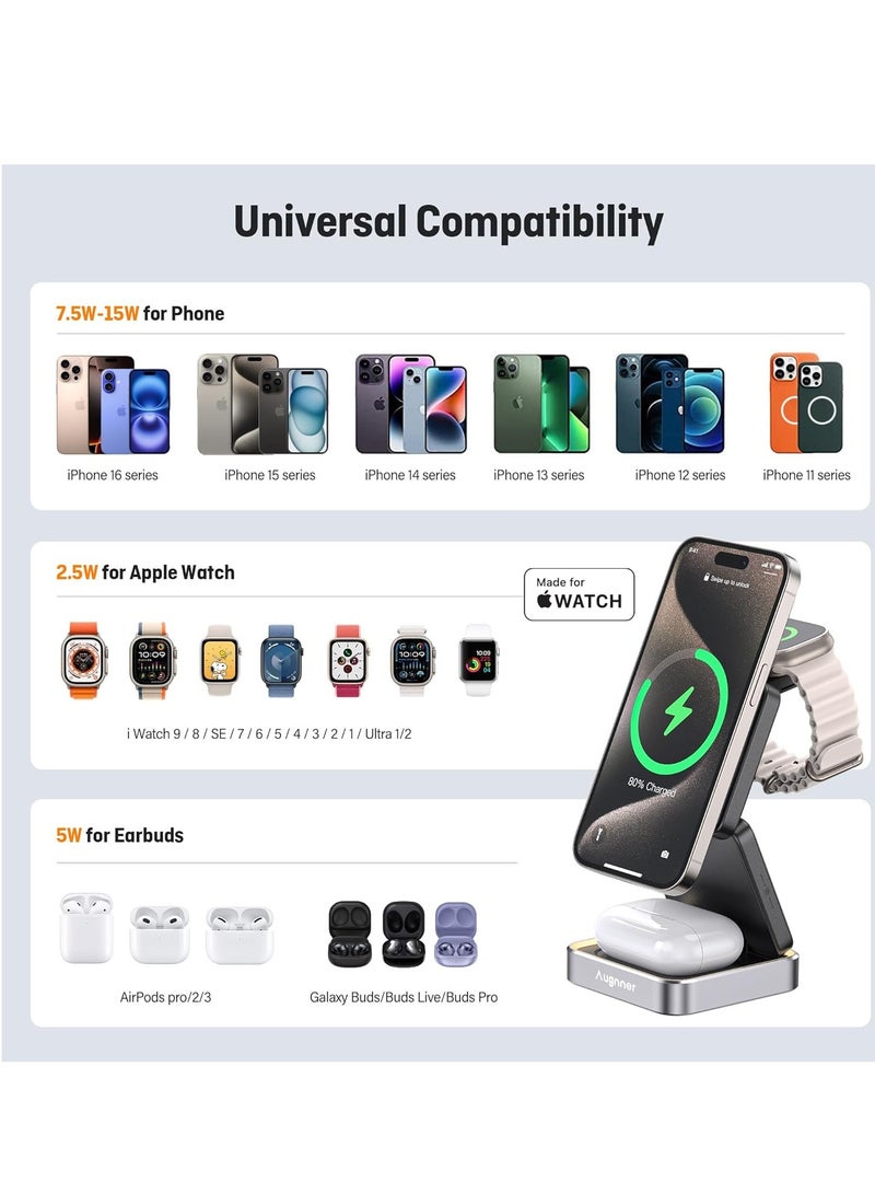 عام 2024 شاحن لاسلكي مطور 3 في 1، محطة شحن لاسلكية قابلة للطي مع إضاءة لشاحن Apple MagSafe، شاحن مغناطيسي للسفر متوافق مع سلسلة Apple Watch AirPods من iPhone 16/15/14/13/12 - Image 3