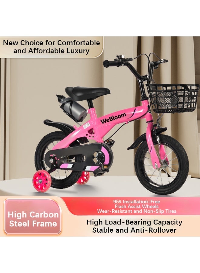 WeBloom 12-14-16 Inch Kids Bike High Carbon Steel Kids' Bike Children's Bicycle For 2-8 Years Old Girls With Flashing Training Wheels With Basket Adjustable Seat Water Bottle Can Be Placed at the Tail Sensitive Brakes Safe and Stable - Image 1