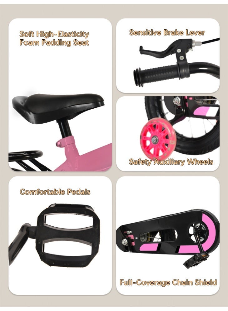 WeBloom 12-14-16 Inch Kids Bike High Carbon Steel Kids' Bike Children's Bicycle For 2-8 Years Old Girls With Flashing Training Wheels With Basket Adjustable Seat Water Bottle Can Be Placed at the Tail Sensitive Brakes Safe and Stable - Image 2
