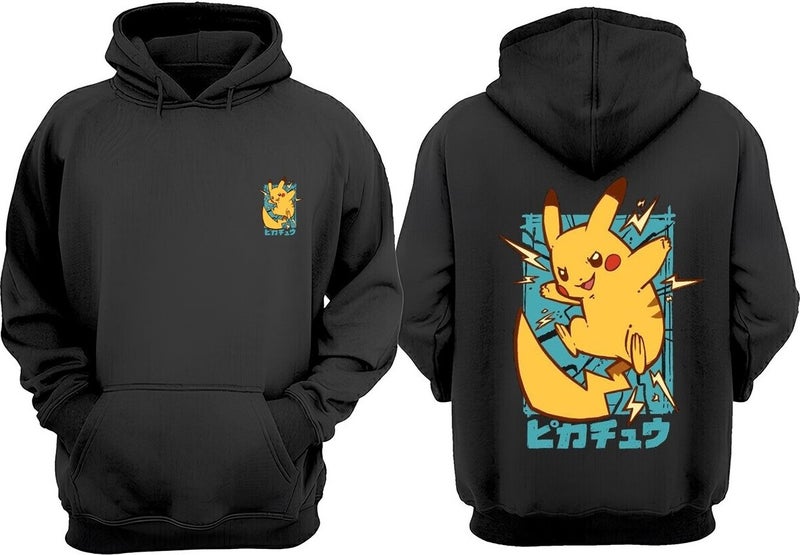 The Wert Unisex Anime Pikachu Design Front Back Printed Regular Fit Black Sweatshirt - Image 1