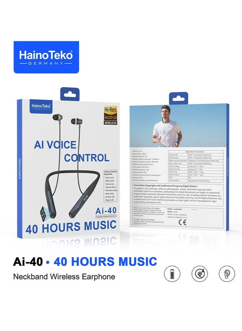 Haino Teko Ai-40 Wireless Neckband Earphones with AI Voice Control, Up to 40 Hours of Battery Life, and Multi-Function Button Control - Black - Image 3