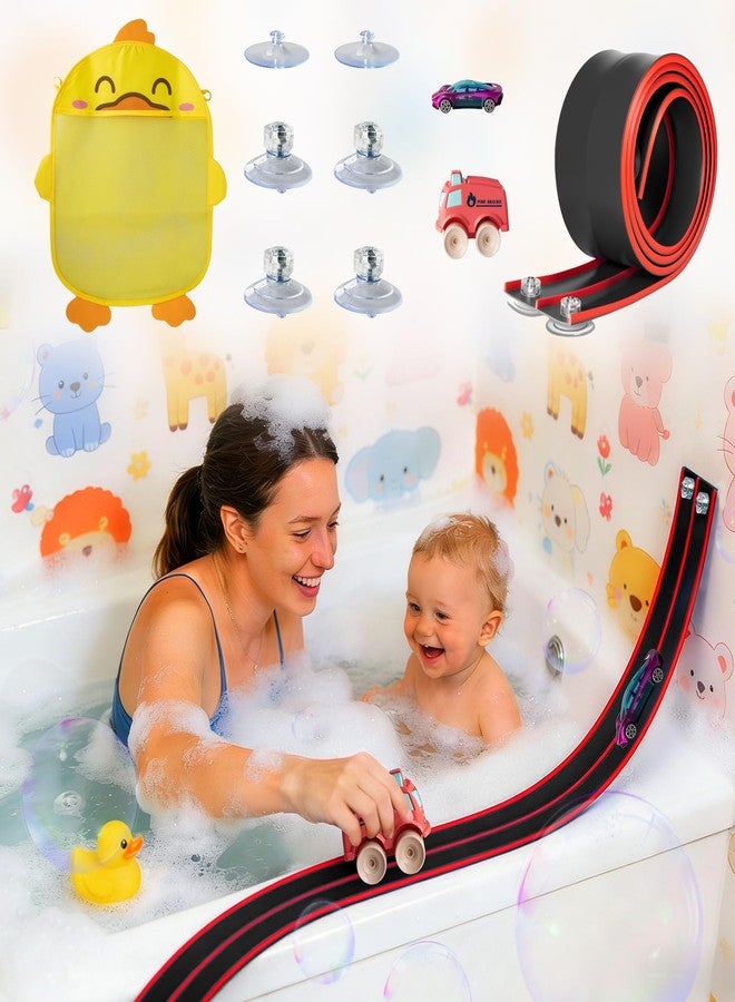 AQFR Race Car Bath Toy Set, Toddler Bath Toys, Flex Race Track Car Set, Kids Bathtub Gift, Including Mesh Storage Bag - Suction Cup, for Ages 3 & Up (10-Piece Set) (Black & Red) - Image 1