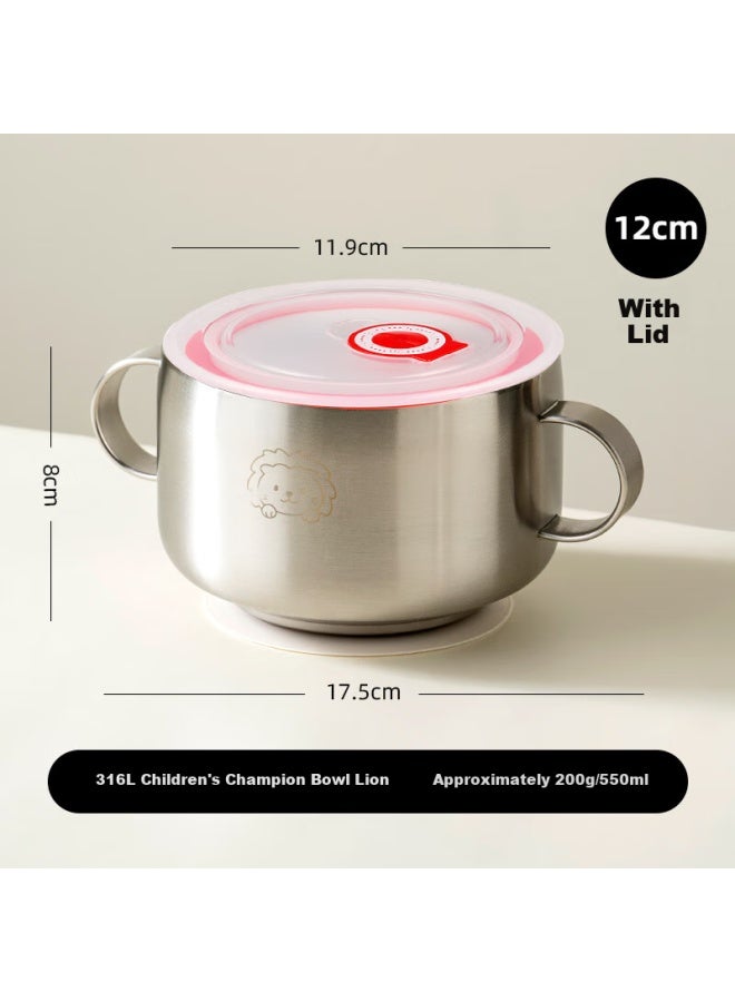 Onlycook 316l Stainless Steel Double-handle Covered Baby Food Bowl With Suction Cup Lid, Infant And Toddler Tableware - Lion Design 550ml - Image 1