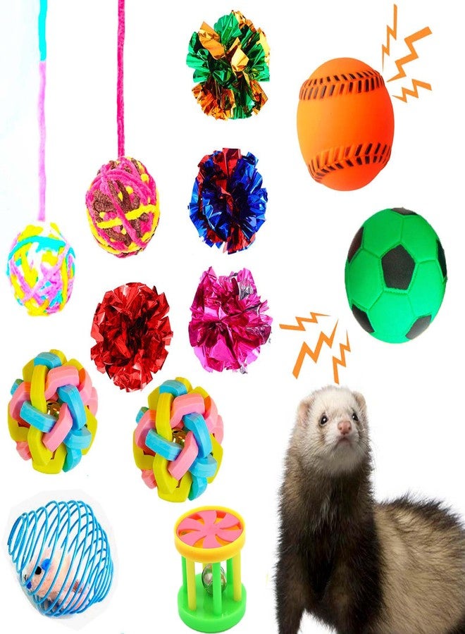 Fejapa 12 pcs Ferret Squeaky Toy Balls Squeaker Toys Teething Colorful Bouncy Rubber Bell Balls Mylar Crinkle Interactive Sound Toy Exercise Scratch Chew Toys for Ferrets Pet Cat Dogs - Image 1