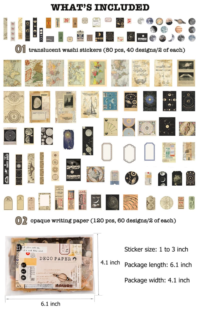 Knaid Vintage Scrapbook Supplies Pack (200 Pieces) for Witchy Junk Journal Bullet Journals Planners Space Moon Paper Stickers Craft Kits Collage (Celestial) - Image 2