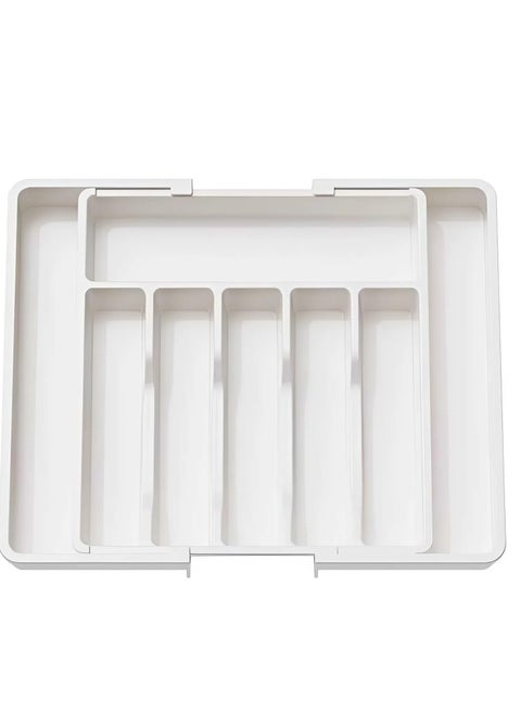 Adjustable Cutlery Storage Holder Expandable Tableware & Silverware Organizer BPA-Free Drawer Tray for Utensils Space-Saving with Dividers for Spoons Forks Knives White