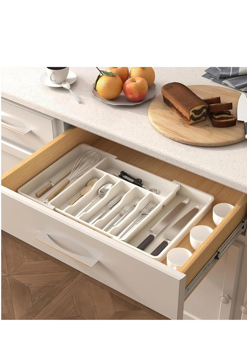 Cozy Nest - Adjustable Cutlery Storage Holder Expandable Tableware & Silverware Organizer BPA-Free Drawer Tray for Utensils Space-Saving with Dividers for Spoons Forks Knives White - Image 1