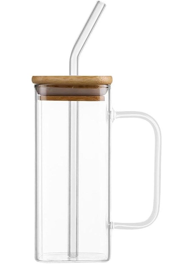 كوب زجاجي قابل لإعادة الاستخدام بمقبض وشاليموه – غطاء بامبو مقاوم للتسرب للمشروبات الباردة والساخنة مثل القهوة والبويا والشاي والعصير – شفاف - Image 1