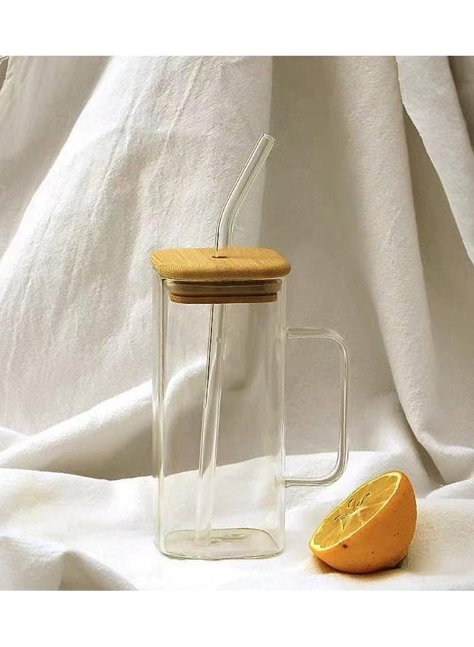 كوب زجاجي قابل لإعادة الاستخدام بمقبض وشاليموه – غطاء بامبو مقاوم للتسرب للمشروبات الباردة والساخنة مثل القهوة والبويا والشاي والعصير – شفاف - Image 2