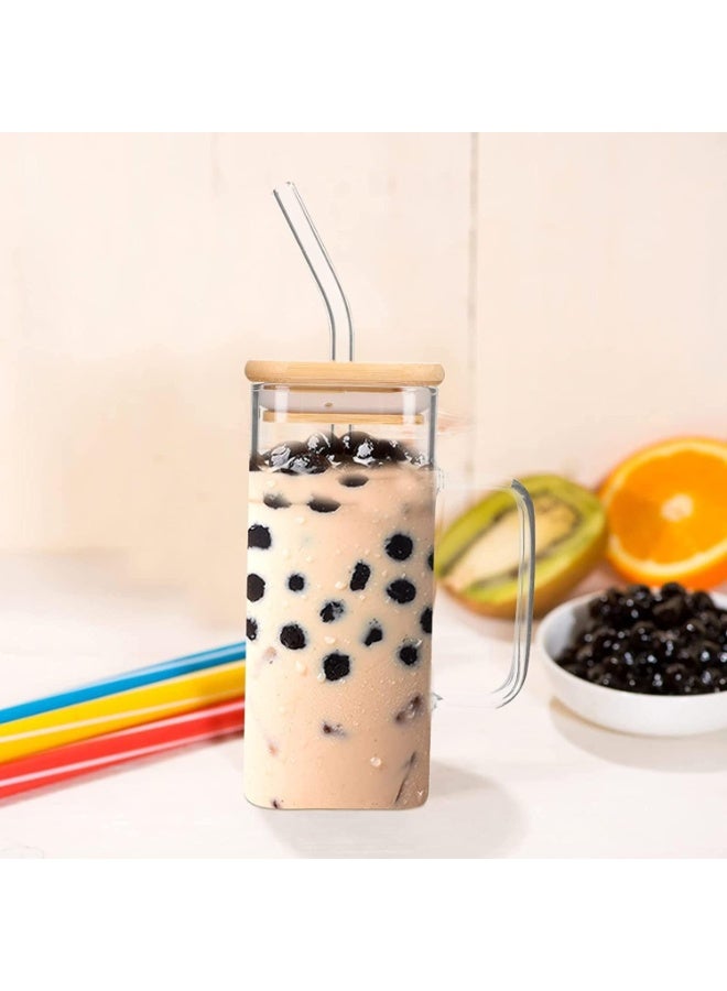 كوب زجاجي قابل لإعادة الاستخدام بمقبض وشاليموه – غطاء بامبو مقاوم للتسرب للمشروبات الباردة والساخنة مثل القهوة والبويا والشاي والعصير – شفاف - Image 3