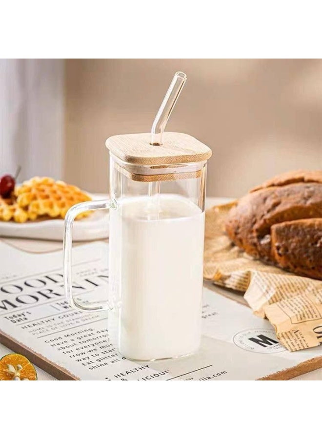 كوب زجاجي قابل لإعادة الاستخدام بمقبض وشاليموه – غطاء بامبو مقاوم للتسرب للمشروبات الباردة والساخنة مثل القهوة والبويا والشاي والعصير – شفاف - Image 4