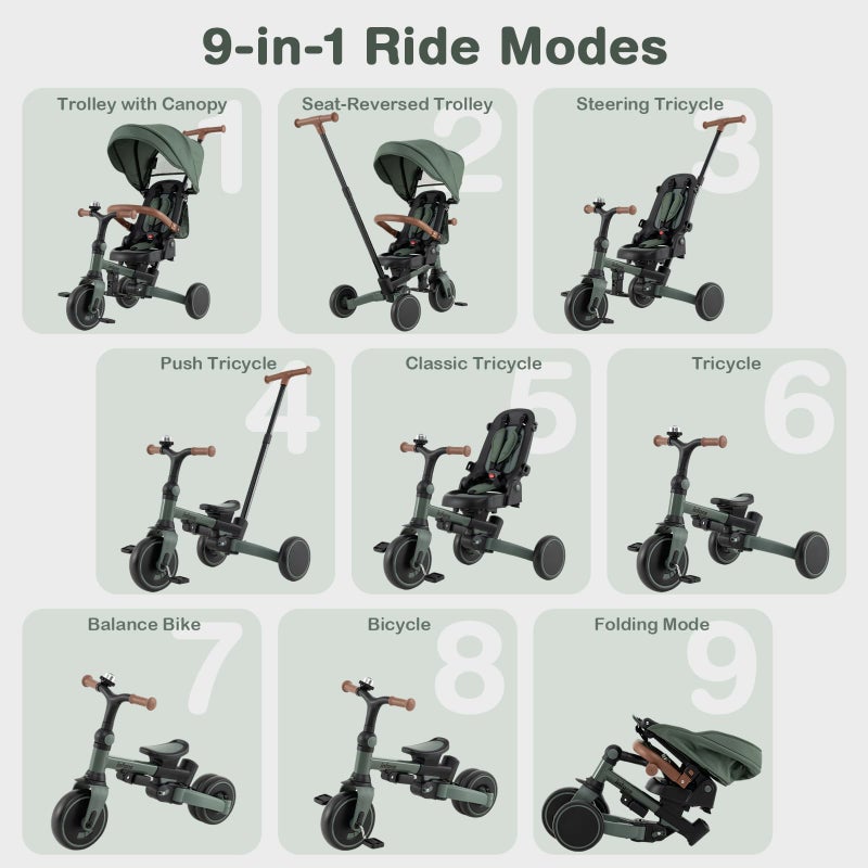 INFANS 9-in-1 Foldable Toddlers Tricycle, Converts Stroller to Balance Bike with Adjustable Push Handle, Canopy & Backrest, Pedal Conversion, Retractable Rear Wheels for 1-6 Years (Green) - Image 3