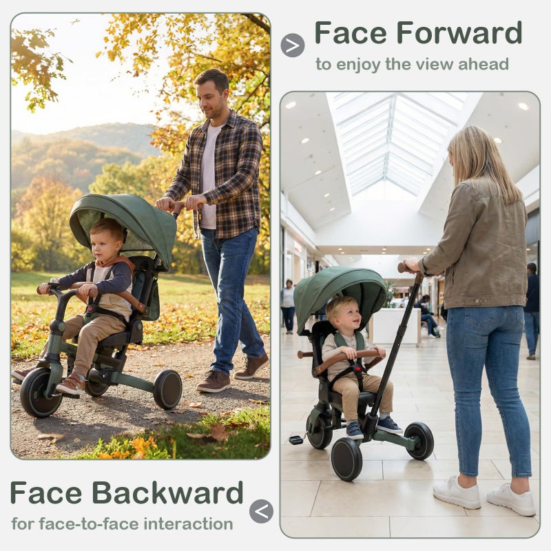 INFANS 9-in-1 Foldable Toddlers Tricycle, Converts Stroller to Balance Bike with Adjustable Push Handle, Canopy & Backrest, Pedal Conversion, Retractable Rear Wheels for 1-6 Years (Green) - Image 4