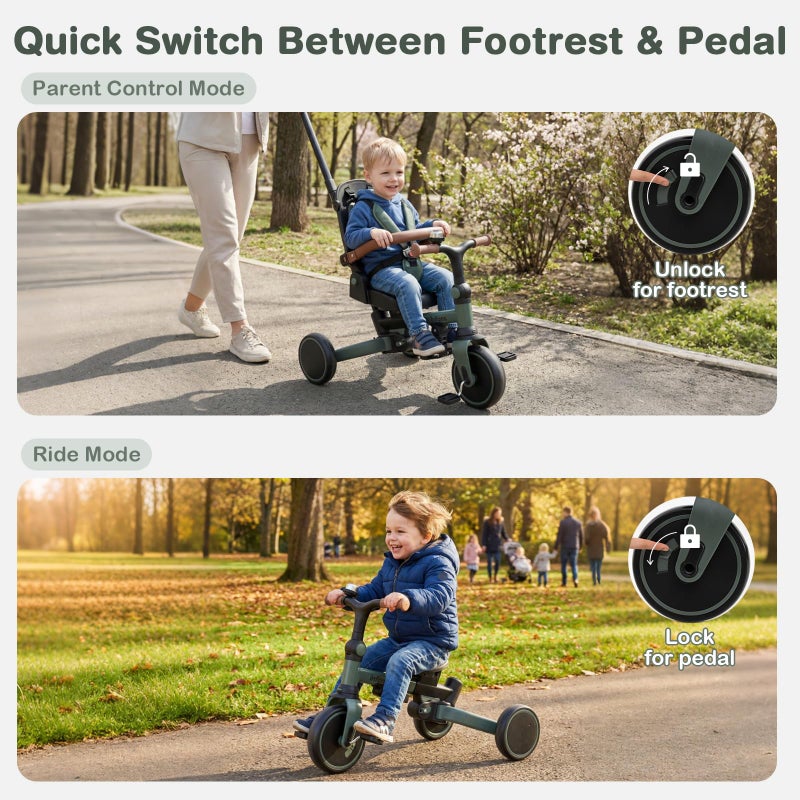 INFANS 9-in-1 Foldable Toddlers Tricycle, Converts Stroller to Balance Bike with Adjustable Push Handle, Canopy & Backrest, Pedal Conversion, Retractable Rear Wheels for 1-6 Years (Green) - Image 5
