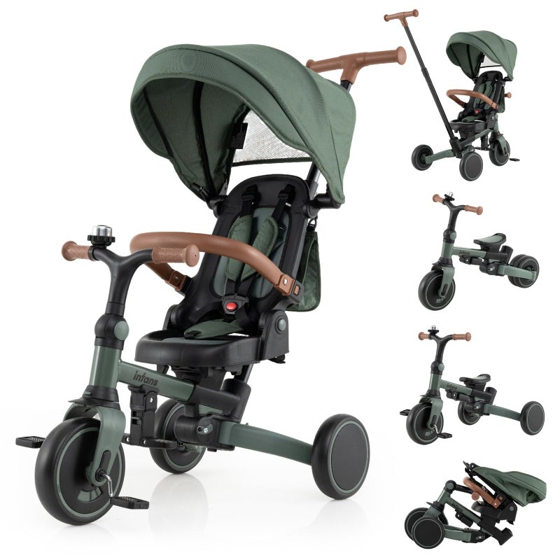 INFANS 9-in-1 Foldable Toddlers Tricycle, Converts Stroller to Balance Bike with Adjustable Push Handle, Canopy & Backrest, Pedal Conversion, Retractable Rear Wheels for 1-6 Years (Green) - Image 1