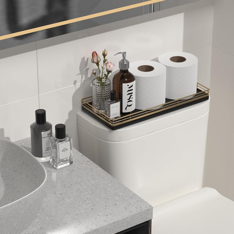 Focusonit Oak Bathroom Toilet Tank Tray, 13" Wood Storage Basket Organizer for Back of Toilet, Vanity Tray for Perfume, Makeup, Candle, Kitchen Counter, Coffee Table, Gold Decor - Image 4