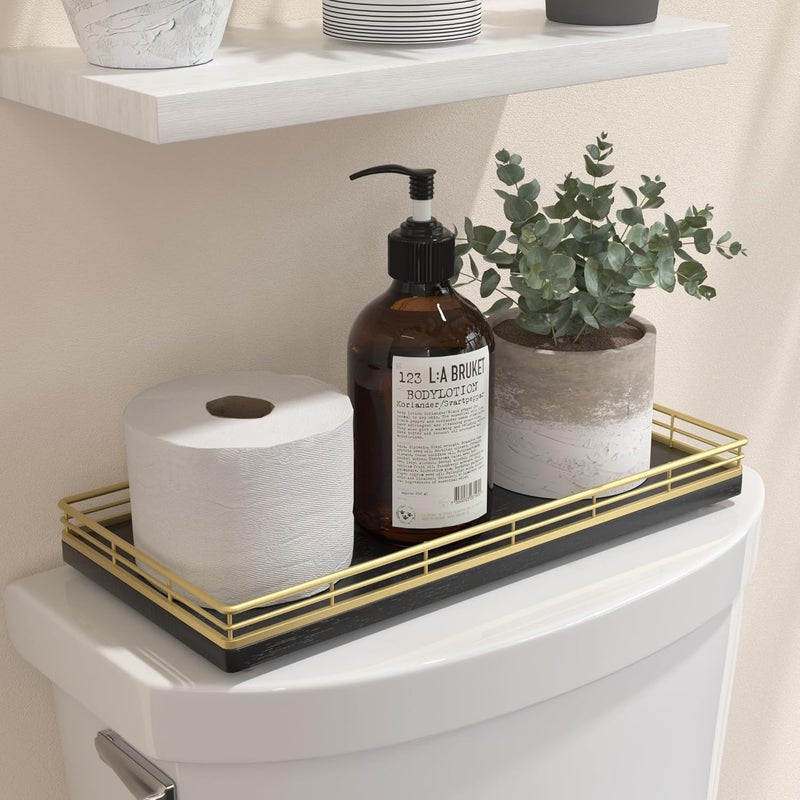 Focusonit Oak Bathroom Toilet Tank Tray, 13" Wood Storage Basket Organizer for Back of Toilet, Vanity Tray for Perfume, Makeup, Candle, Kitchen Counter, Coffee Table, Gold Decor - Image 1