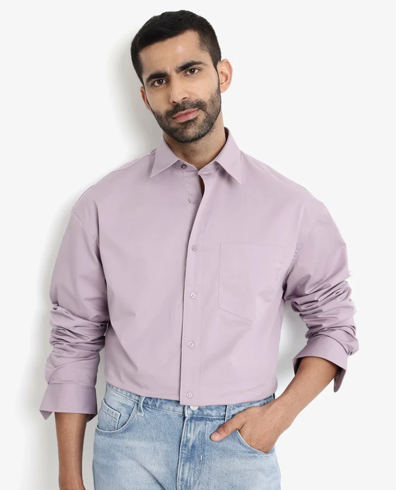 رير رابِت Rare Rabbit Men's Crofty Dusky Purple Cotton Lycra Fabric Full Sleeves Collared Neck Regular Fit Plain Shirt
