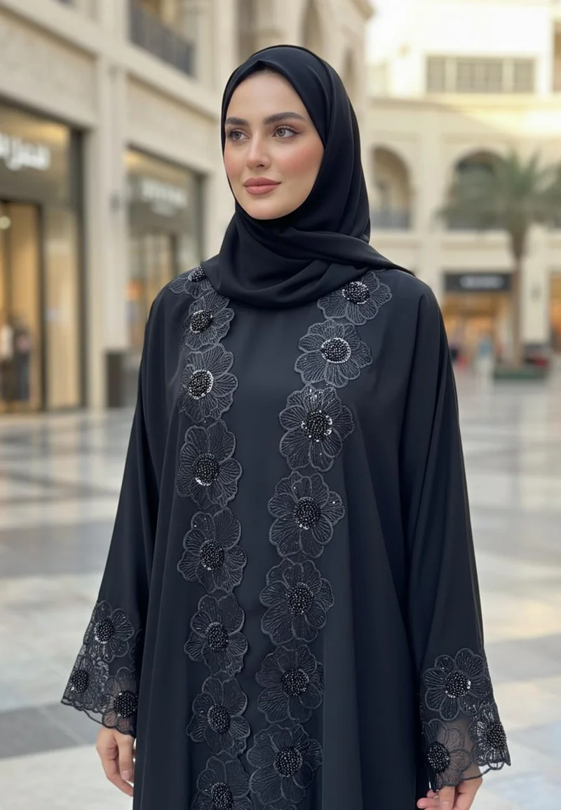 NUKHBAA  legant Black Floral Cutwork Design Abaya with matching inner| Nida Fabric-2P742 for Women | Best Price UAE