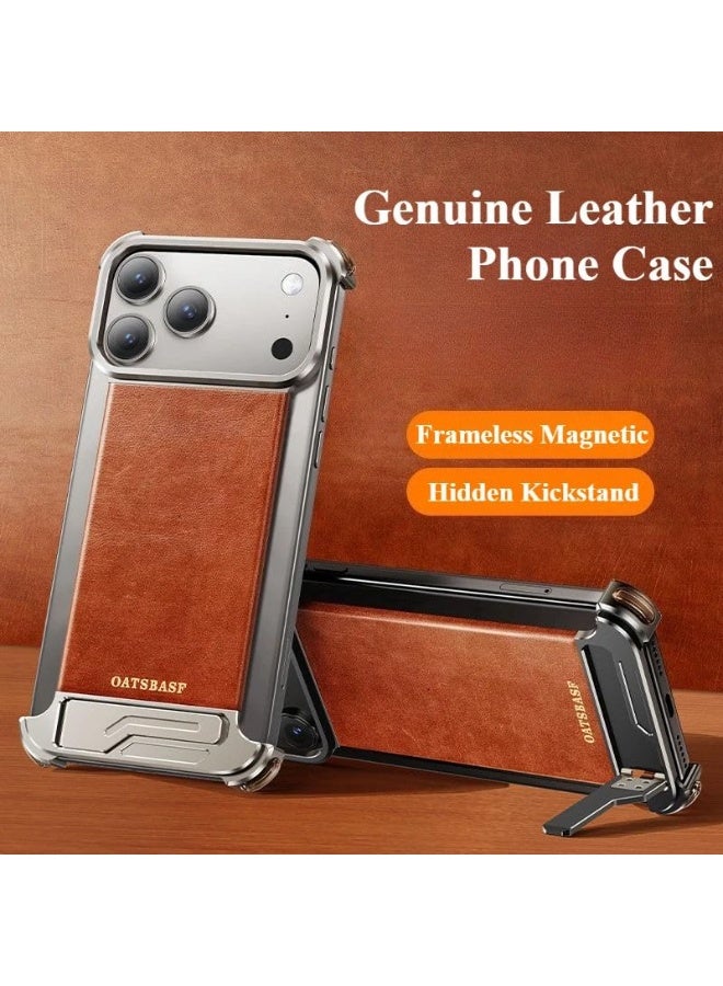 عام غطاء هاتف فاخر من الجلد المغناطيسي المتوافق مع آيفون 17 برو ماكس مع حامل مخفي | إطار من سبائك الألومنيوم بدون حواف | غلاف مقاوم للصدمات. - Image 2