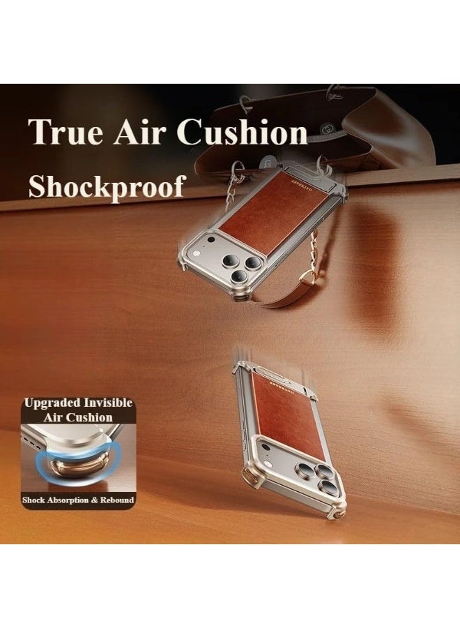 عام غطاء هاتف فاخر من الجلد المغناطيسي المتوافق مع آيفون 17 برو ماكس مع حامل مخفي | إطار من سبائك الألومنيوم بدون حواف | غلاف مقاوم للصدمات. - Image 3