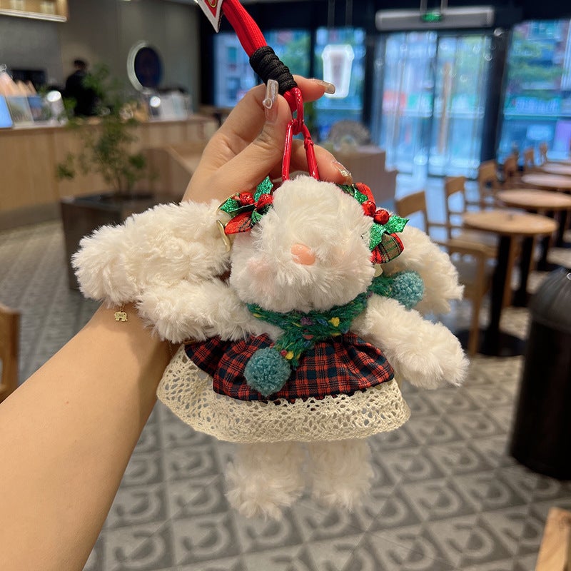 Super Cute Cute Hat Plush Rabbit Keychain Girl Heart Cartoon Bib Doll Car Bag Decorative Pendant Red hairpin lace plaid skirt