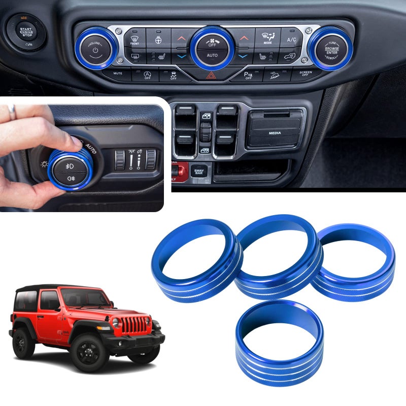 Knobs Ring Covers Compatible With 20182024 2025 Jeep Wrangler JL JLU 20202024 2025 Jeep Gladiator JT Aluminum Alloy Trim Cover for Air Conditioner Volume Radio Headlight Switch Knob4PCS Blue