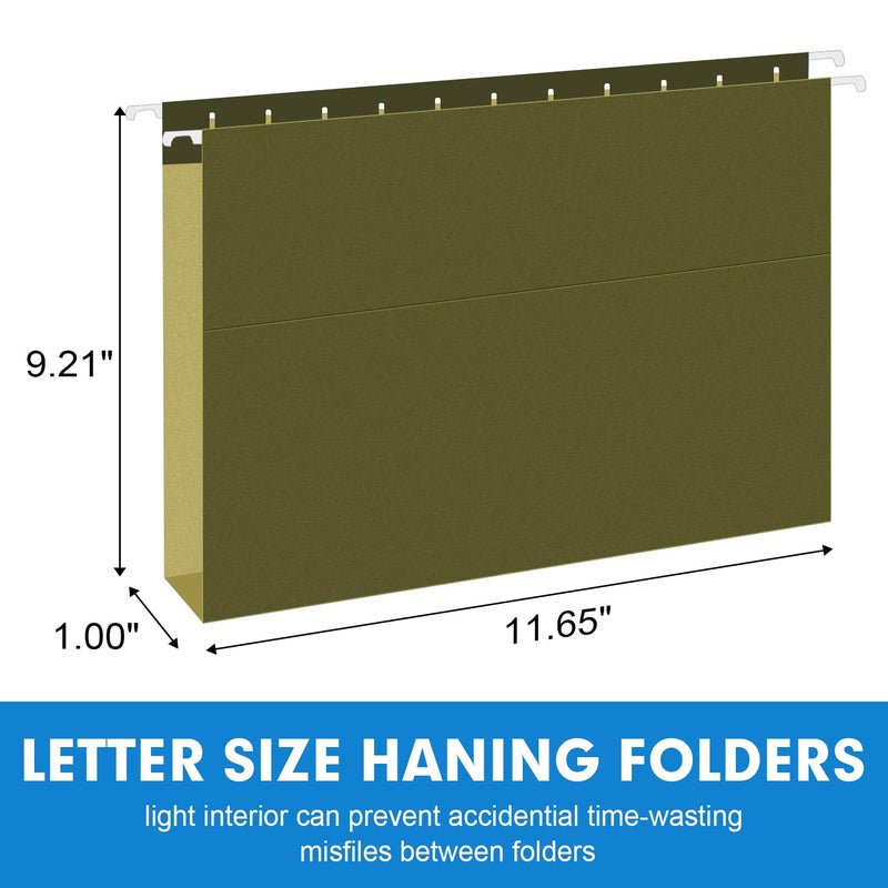 RAZCC Extra Capacity Hanging File Folders, RAZCC 30 Pack Letter Size Reinforced Hanging Folders with Heavy Duty 1 Inch Expansion for Bulky Files, Filing Cabinet, Adjustable Tabs, Green - Image 2