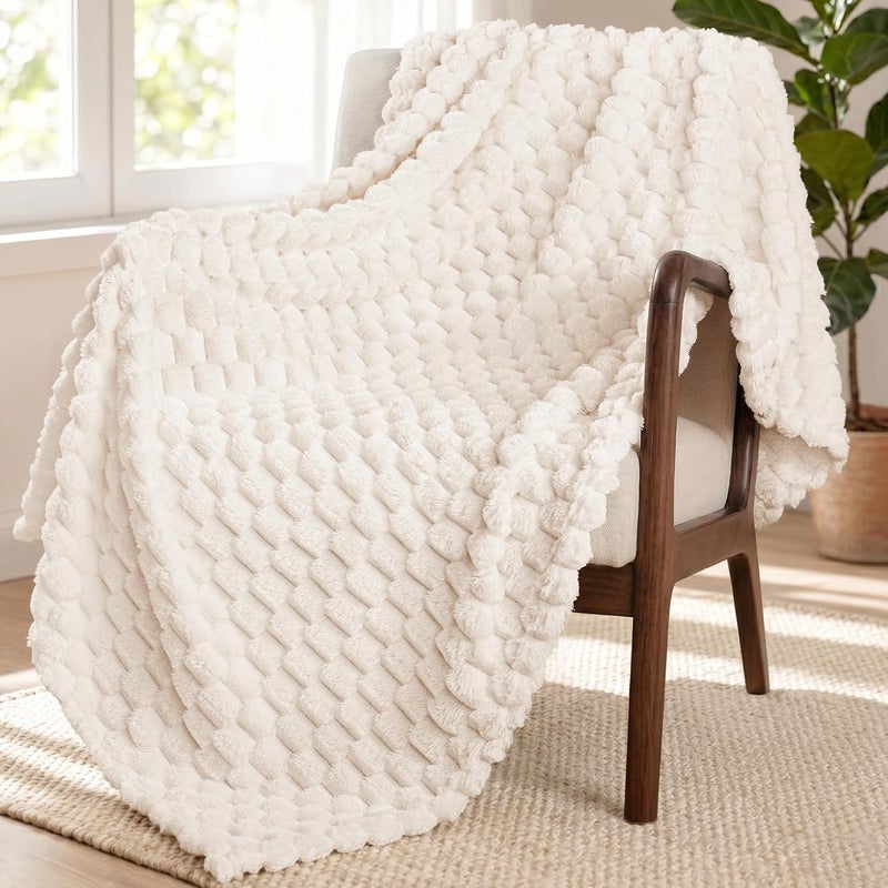 Extra Large Fleece Throw Blanket for Couch, 50x70 Inches Stylish Jacquard Soft Throw Blanket, Fuzzy Cozy Lightweight for All Season, Ivory - Image 1
