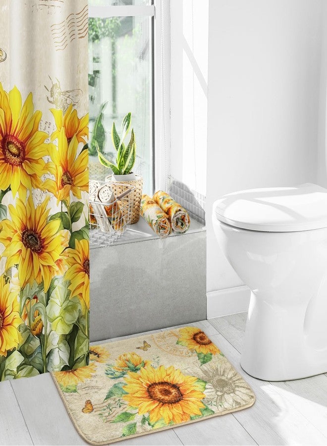 Fourluoo 18 Pcs Sunflower Shower Curtain Set Sunflower Butterfly Shower Decor Fabric Bathroom Decor Set with 12 Decorative Hooks Floral Towels Non Slip Absorbent Rug for Modern Aesthetic Bathroom - Image 2