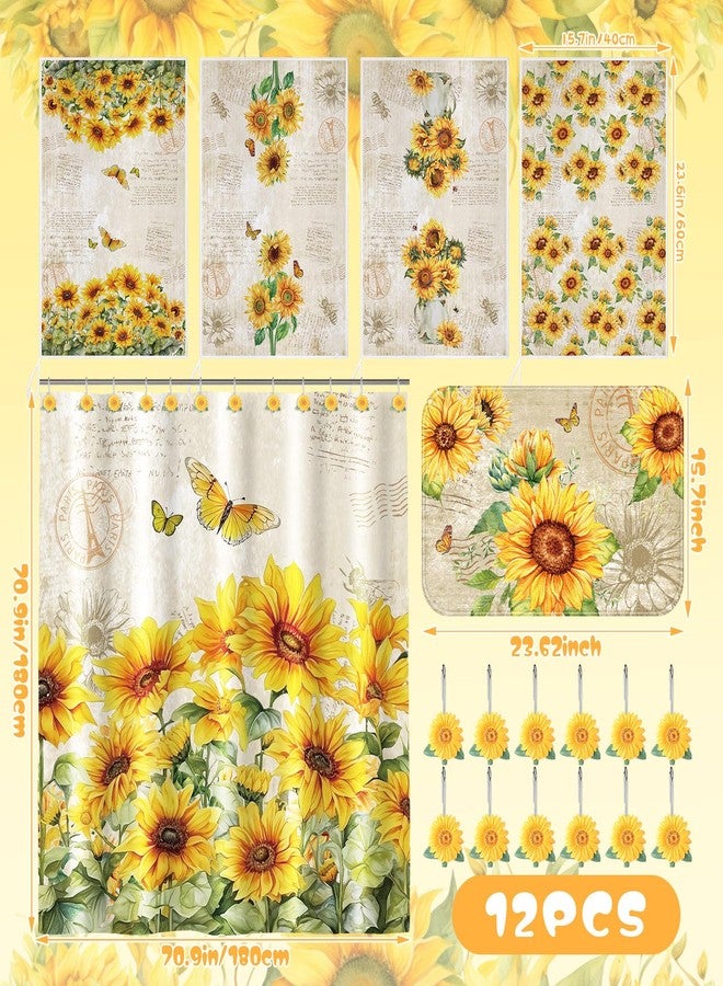 Fourluoo 18 Pcs Sunflower Shower Curtain Set Sunflower Butterfly Shower Decor Fabric Bathroom Decor Set with 12 Decorative Hooks Floral Towels Non Slip Absorbent Rug for Modern Aesthetic Bathroom - Image 3