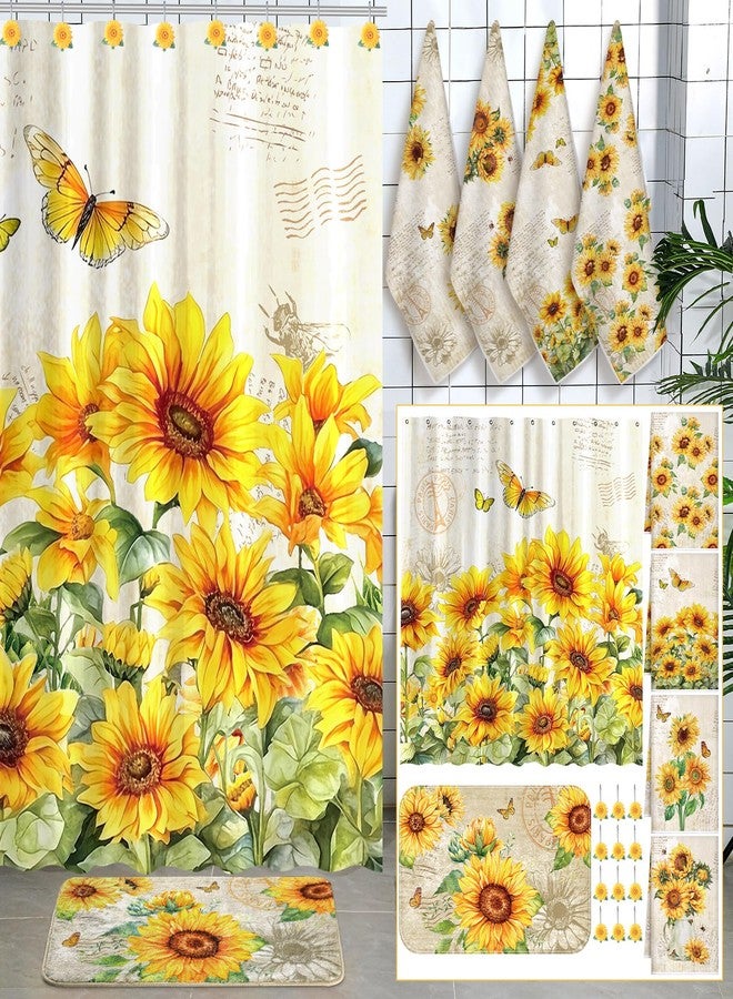 Fourluoo 18 Pcs Sunflower Shower Curtain Set Sunflower Butterfly Shower Decor Fabric Bathroom Decor Set with 12 Decorative Hooks Floral Towels Non Slip Absorbent Rug for Modern Aesthetic Bathroom - Image 1