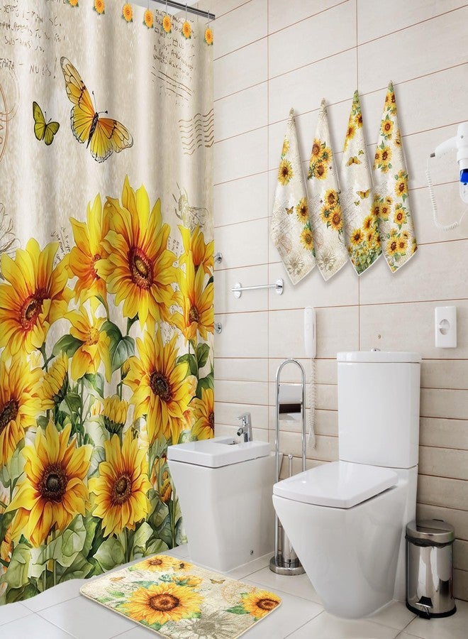 Fourluoo 18 Pcs Sunflower Shower Curtain Set Sunflower Butterfly Shower Decor Fabric Bathroom Decor Set with 12 Decorative Hooks Floral Towels Non Slip Absorbent Rug for Modern Aesthetic Bathroom - Image 4