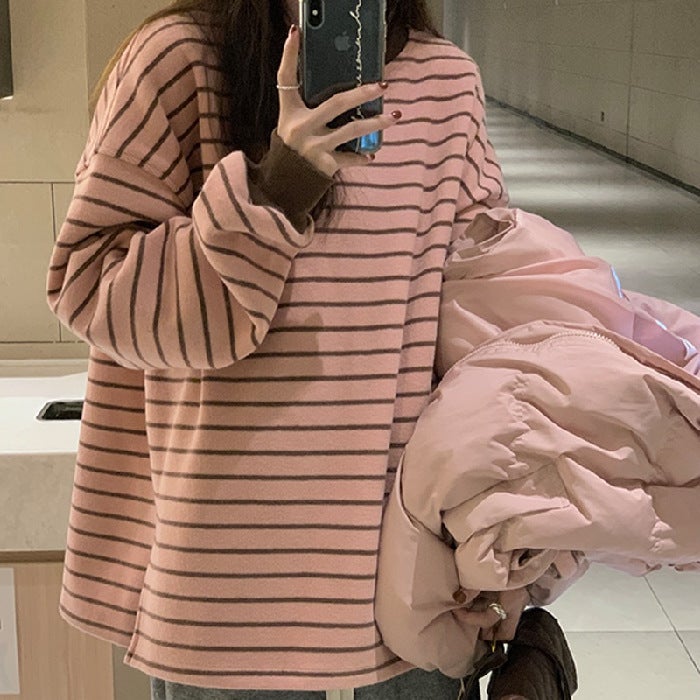 Pink Stripesd Long-Sleeved T-Shirt for Women Chic Loose Inner Wear 2024 Autum New Thin Round Neck Sweatshirt for Female Students Pink