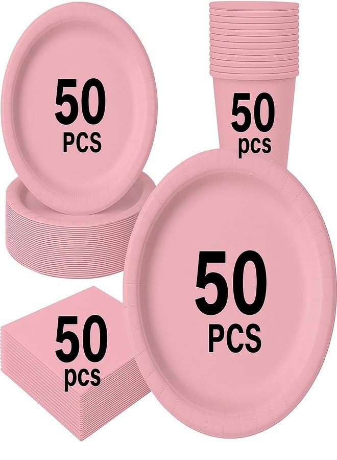 Oojami Serves 50 Complete Party Pack Disposable 9" Dinner Paper Plates 7" Dessert Paper Plates 9 oz Cups 3 Ply Napkins office parties, Birthday parties, festivals (Light Pink) - Image 2