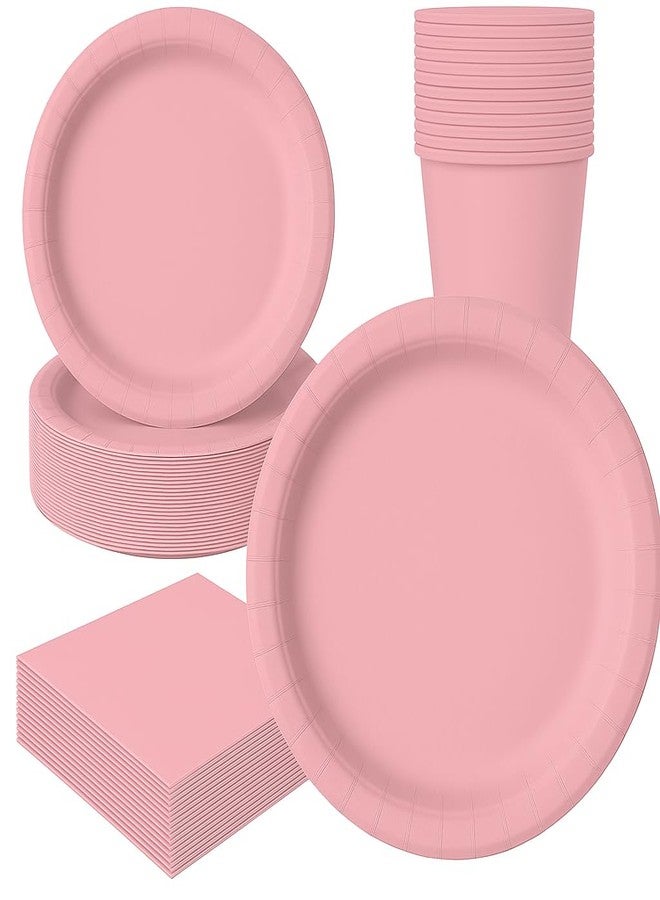 Oojami Serves 50 Complete Party Pack Disposable 9" Dinner Paper Plates 7" Dessert Paper Plates 9 oz Cups 3 Ply Napkins office parties, Birthday parties, festivals (Light Pink) - Image 1