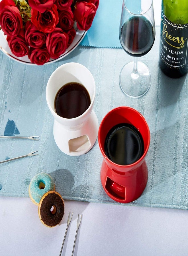 مادر كوب فوندو من السيراميك مع 8 قطع من الشوكات لإذابة الشوكولاتة أو الجبن أو المرق أو المقبلات في عيد الحب (أحمر وأبيض) - Image 3