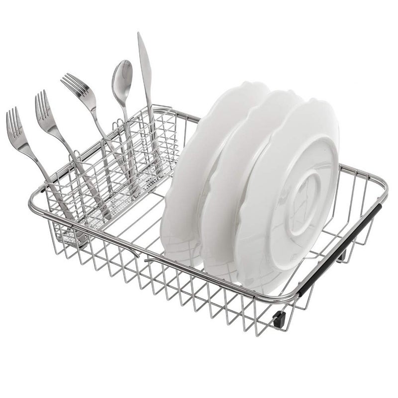 SANNO Expandable Dish Drying RackLarge Dish Drainer Drainwith 4 Division Utensil Silverware Cutlery Holder Expandable Dish Rack Shelf Dish Rack in Sink or Over Sink On Counter Stainless Steel