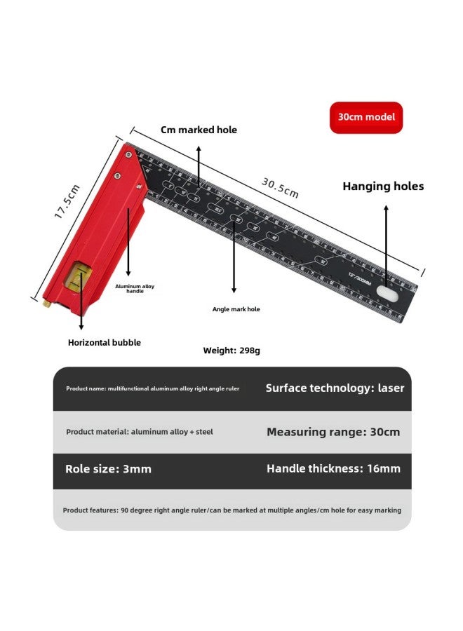 Multifunctional Straight Angle Ruler 90 Degree Angle Ruler Woodworking Special 45 High Precision Industrial Grade Positioning Line Thickening Angle Ruler-Model:Multifunctional Aluminum Alloy Right Angle Ruler 30cm - Image 1