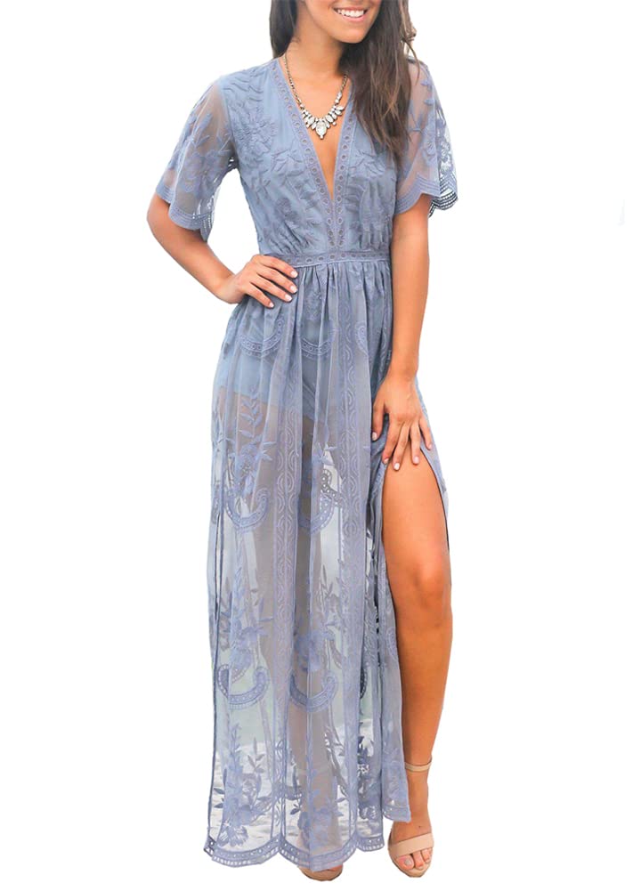 Eleter Women's Romper Dress Floral Lace Cocktail Dress V Neck Short Sleeve Flowy Boho Beach Bridesmaids Maxi Dress(L,Dusty Blue) - Image 1